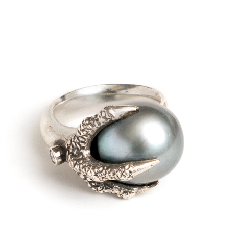 Sterling Silver Claw Ring with Tahitian Pearl and Diamonds