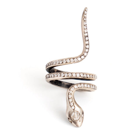Sterling Silver Snake Ring with Pave Diamonds