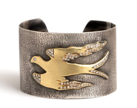 18 Karat Yellow Gold And Sterling Silver Bird Cuff With Diamonds