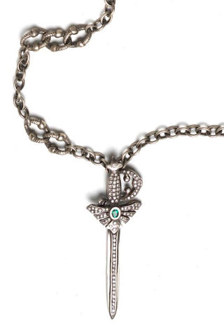 Sterling Silver Sword Necklace with Emerald and Diamonds